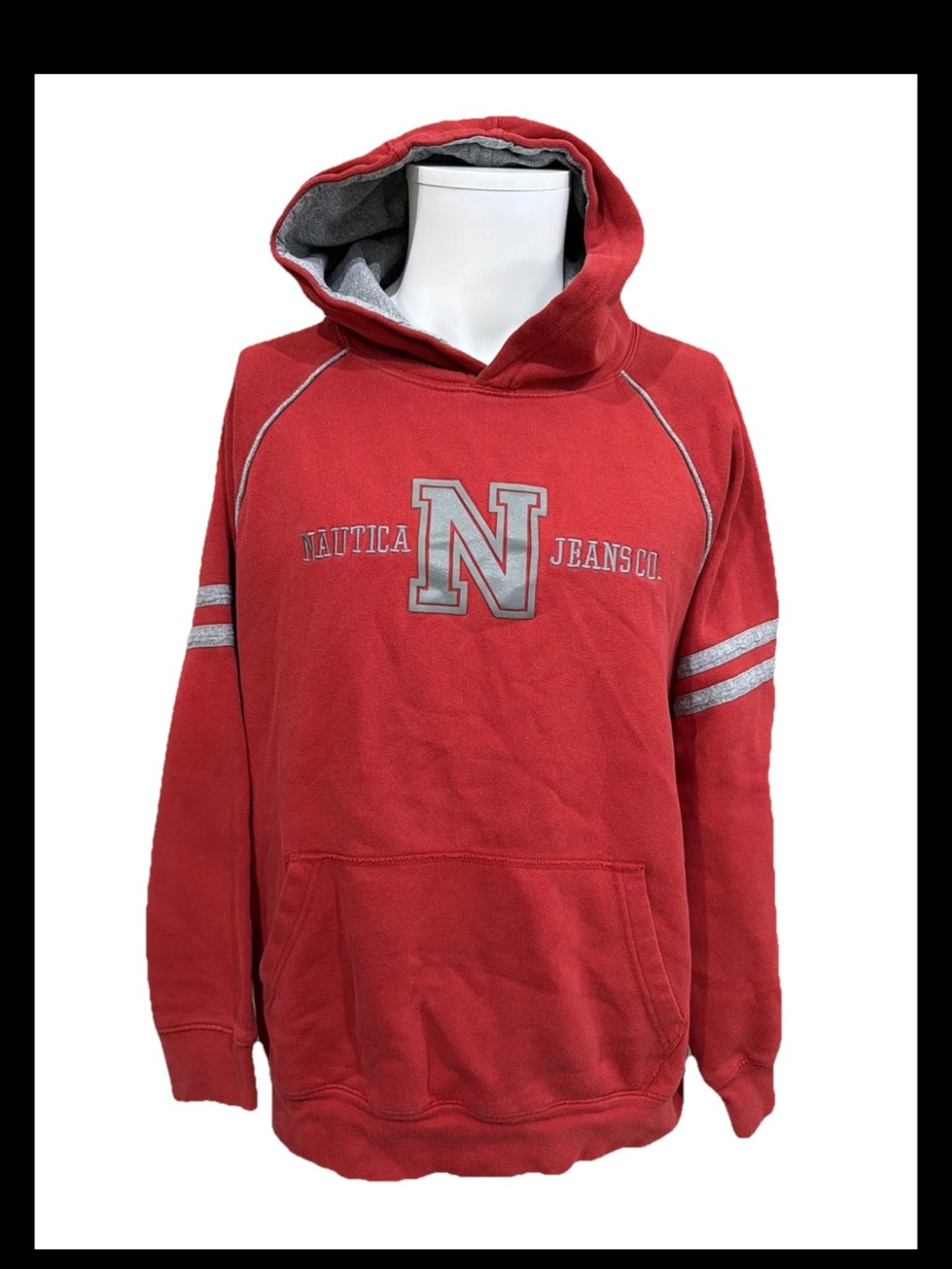 Nautica Jeans Co Red Hoodie Pullover Sweatshirt Logo Graphic Nautical Men Size L